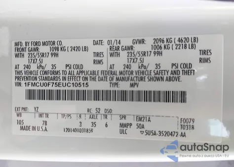 2014 Ford Escape S from USA, damaged, VIN 1FMCU0F75EUC10515